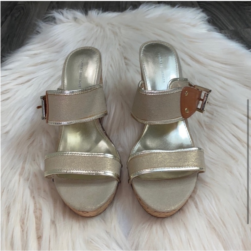 Tommy Hilfiger Gold Cork Wedges with Buckles - Picture 8 of 9